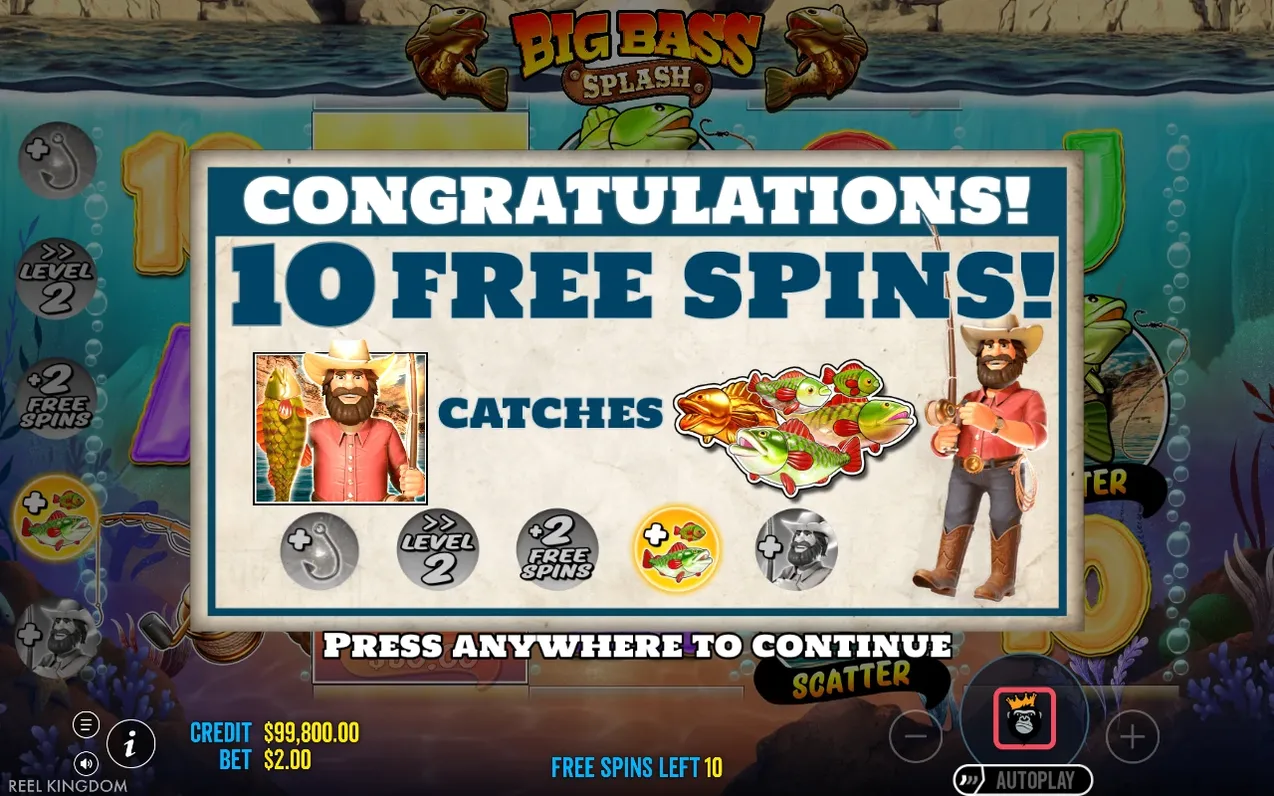 Pop-up '10 FREE SPINS!' toont de visser, viscluster en vijf modifier-iconen, één ervan actief.