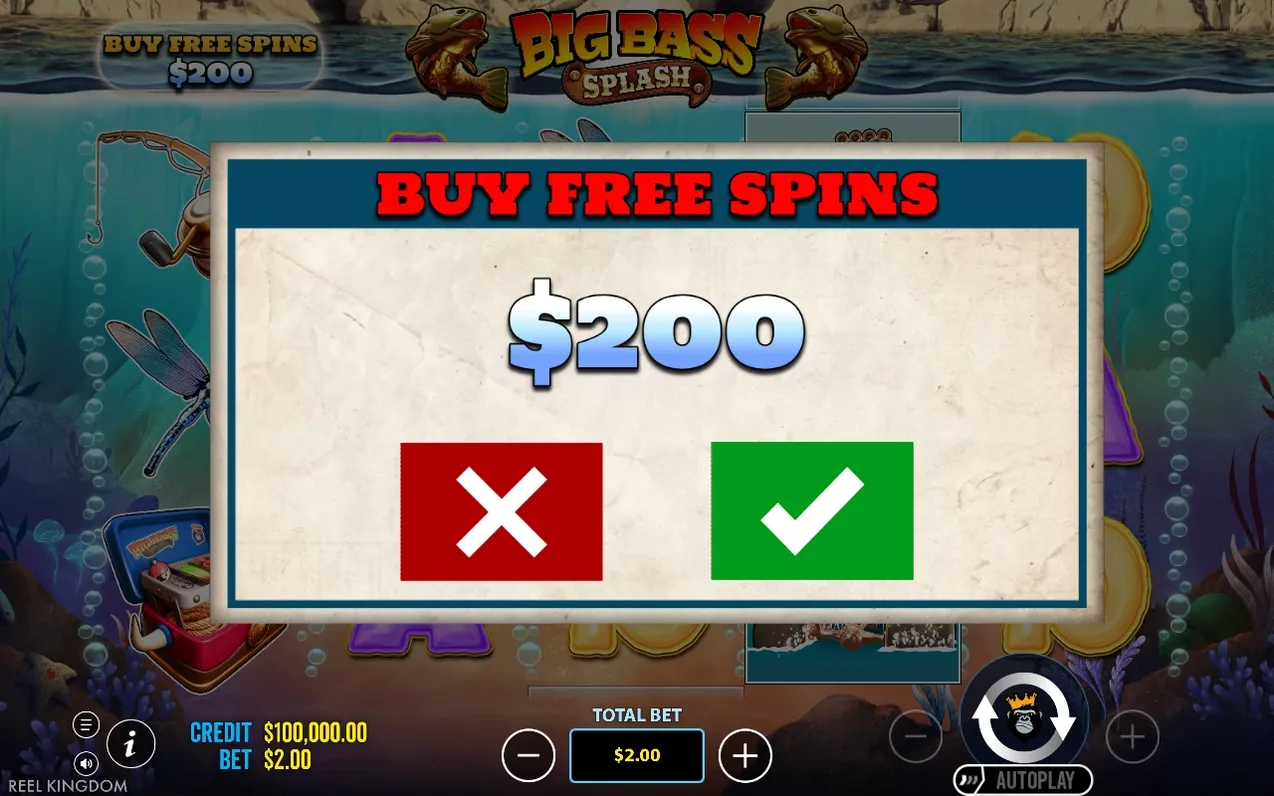 Bevestigingsscherm voor Buy Free Spins: prijs $200, met rode kruis- en groene vinkknop.