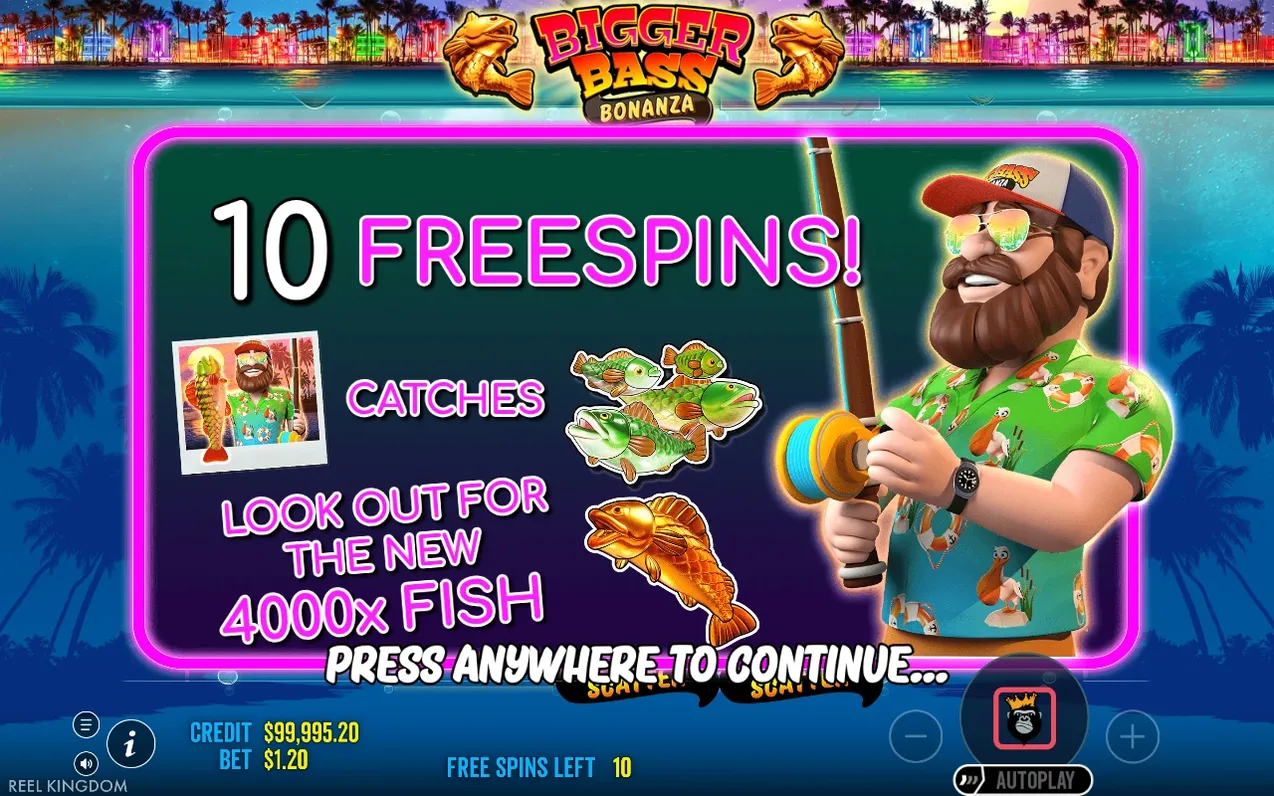 Aankondiging van 10 free spins met de visser, groene bassen en de gouden 4000x-vis.
