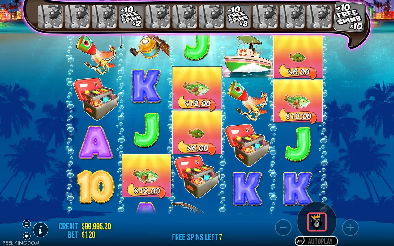 Free spins-ronde met Wild-tracker bovenin, geldsymbolen tot $12,00 en nog 7 free spins over.