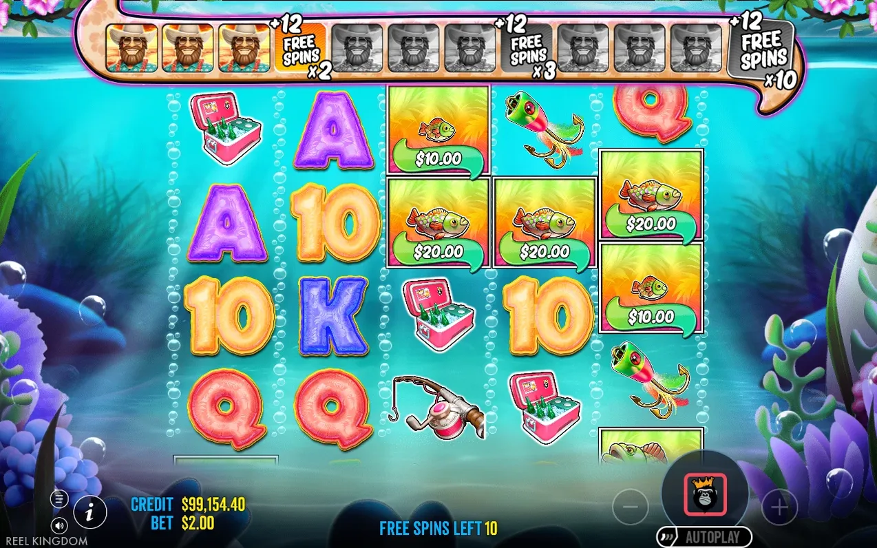 Free spins-ronde toont letters A, K, Q, 10 en vismarkeringen van $10,00 en $20,00, met 10 spins over.