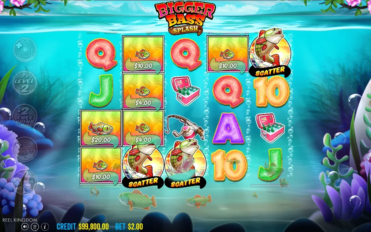 Free spins-scherm met drie scatter-vissen, visgeldsymbolen van $10,00 en $20,00, modifier-iconen links.