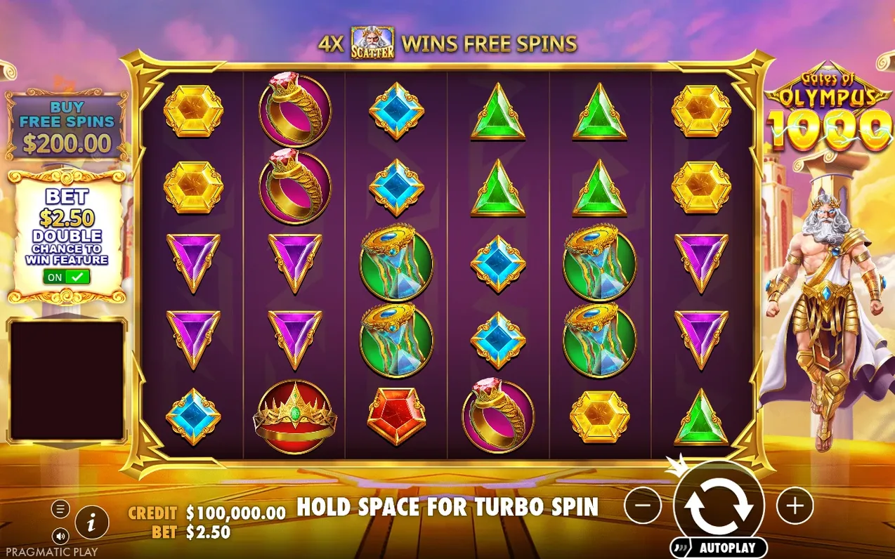 Basisspel toont banner '4X SCATTER WINS FREE SPINS' bij inzet $2,50 met Double Chance ingeschakeld.