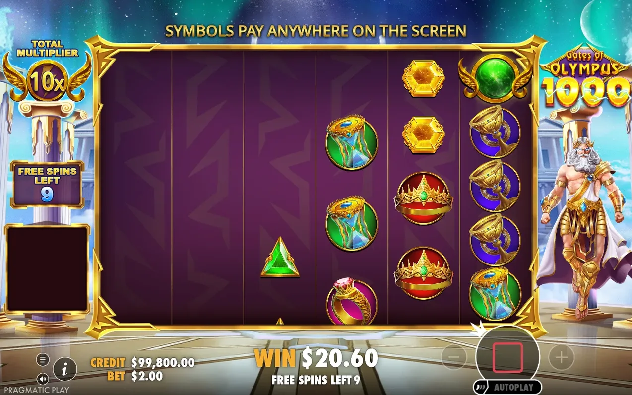 Free spins met Total Multiplier 10x, 9 spins over, rooster met kroon, ring, bokaal en hourglass symbolen.