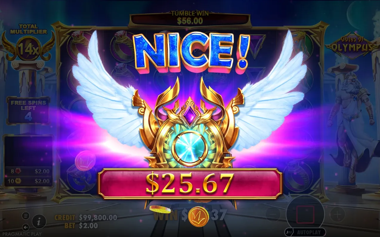 NICE!-winstscherm tijdens free spins toont multiplier 14x, tumble win $56,00 en uitbetaling $25,67.