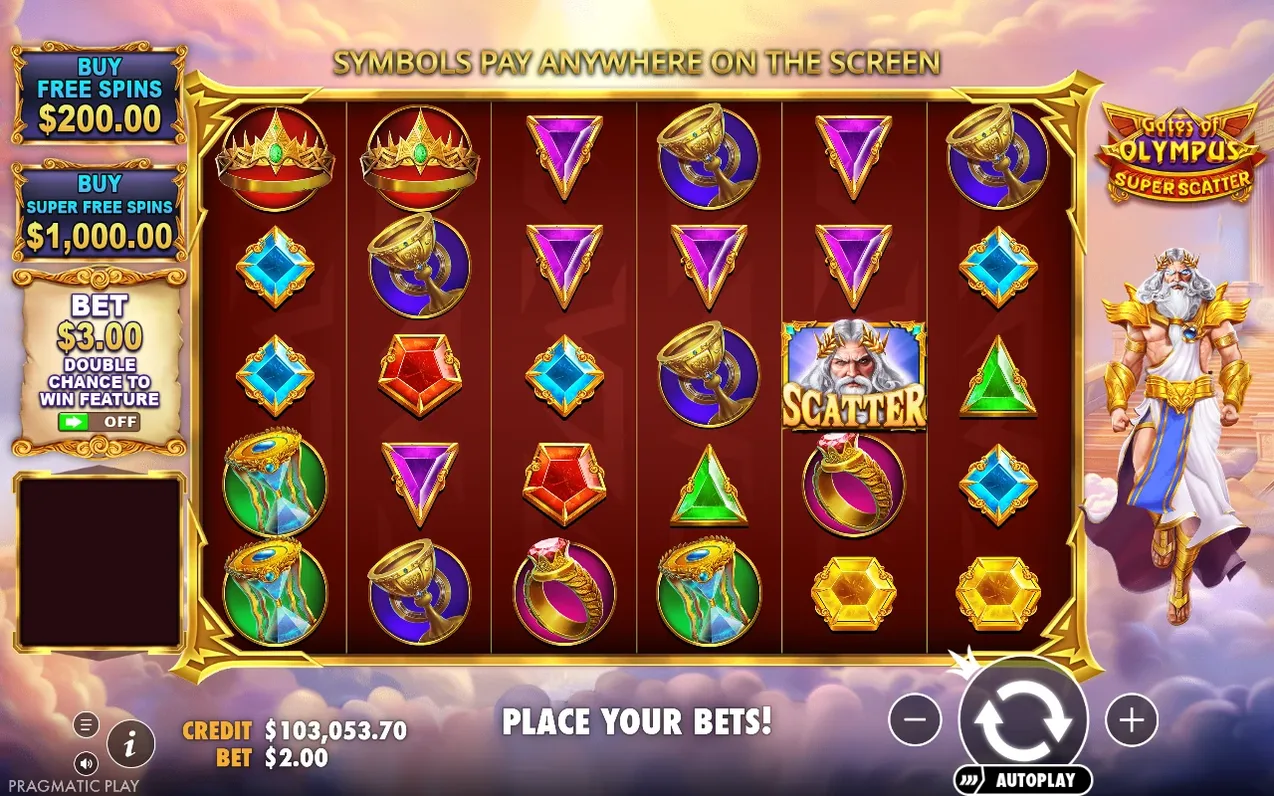 Basisspel toont 'symbols pay anywhere'-banner, koopknoppen voor free spins en super free spins, scatter zichtbaar.