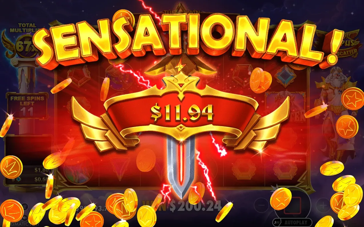 Sensationeel winstscherm toont $11,94 winst bij 67x total multiplier, met 11 free spins over en vallende munten.