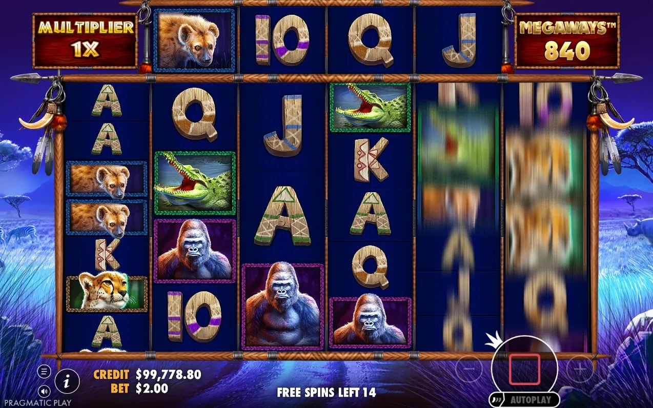 Free spins met multiplier 1X, Megaways 840, nog 14 free spins, rollen onscherp in beweging.