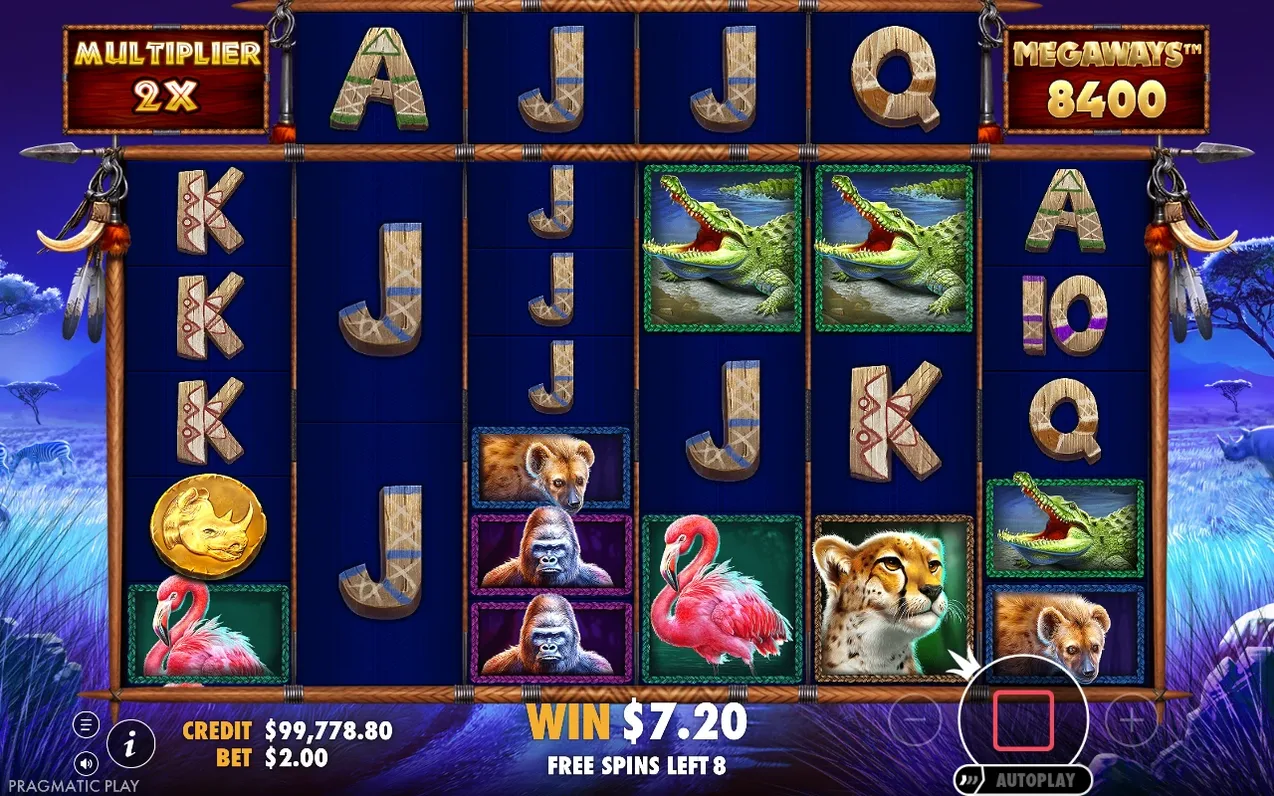 Free spins met multiplier 2X, Megaways 8400, winst $7.20 en nog 8 free spins over.