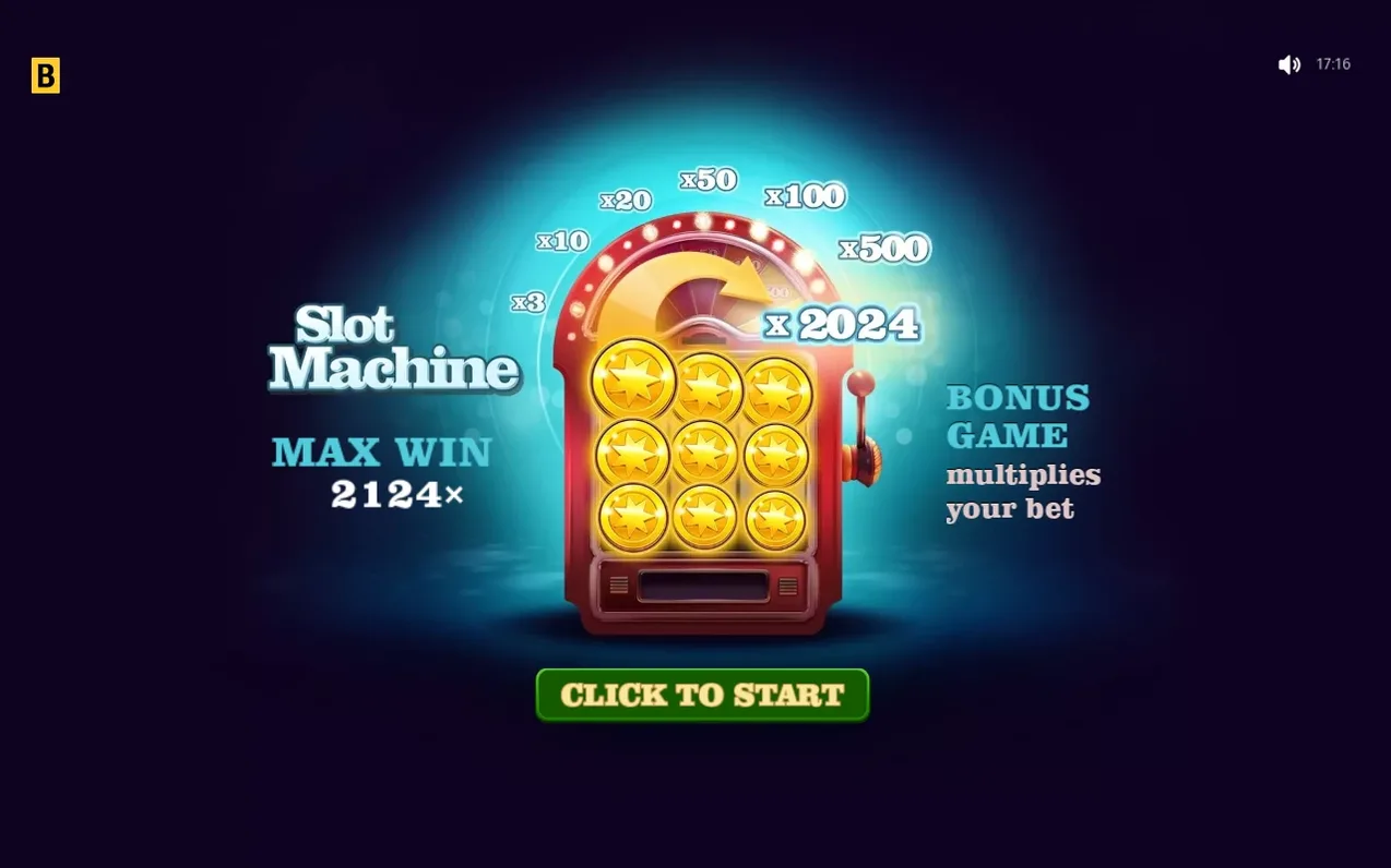 Introscherm toont de rode gokkast, bonusmolen met multipliers tot x2024 en max win 2124x boven de startknop.