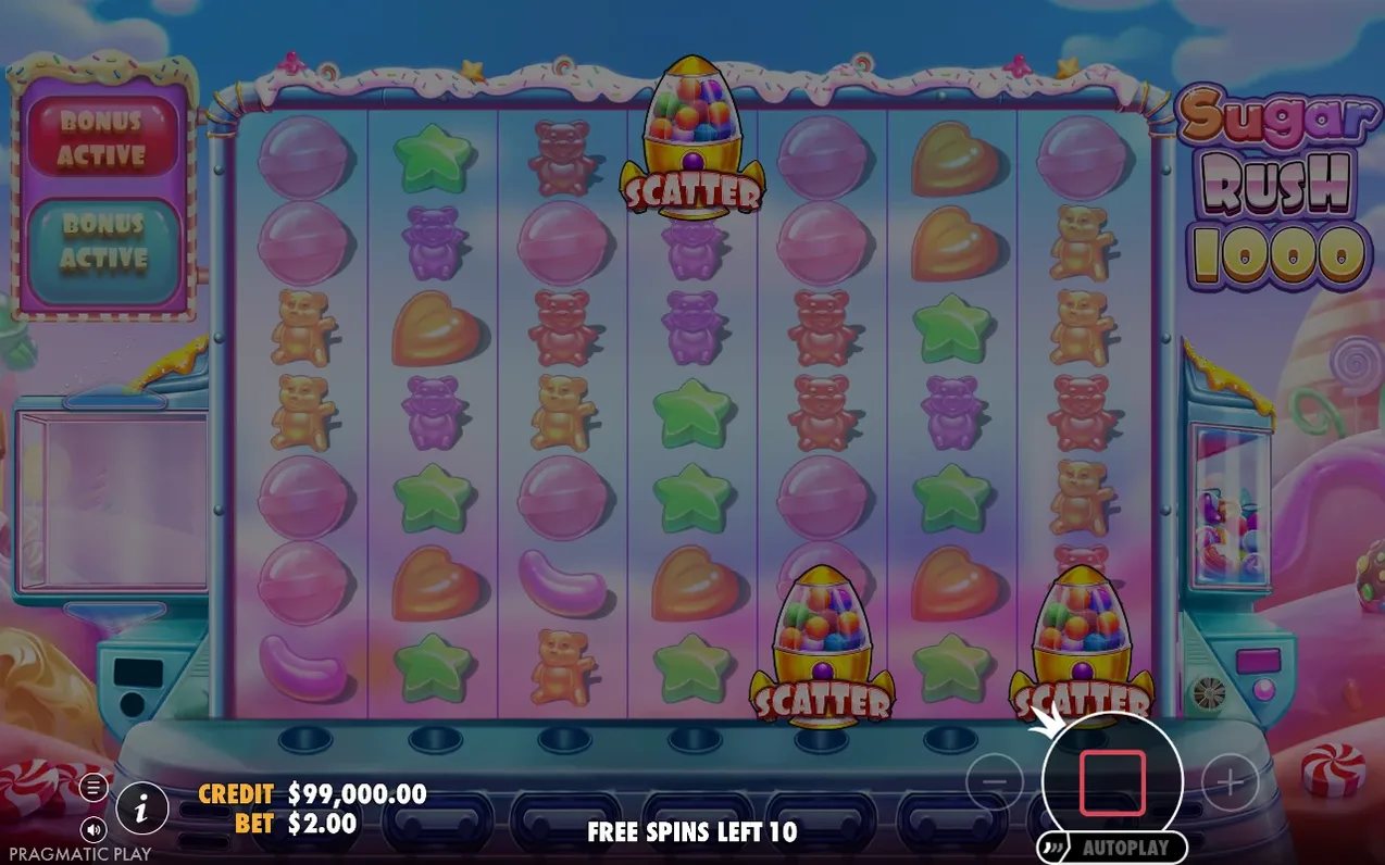 Blauwe achtergrond toont drie SCATTER-symbolen, Bonus Active-labels en teller Free Spins Left 10 bij bet $2.00.