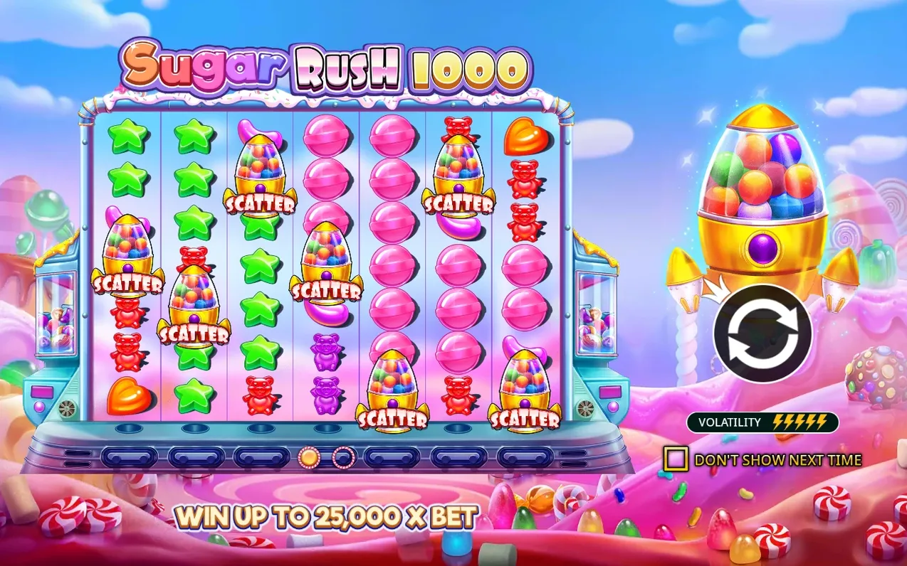 Introscherm toont Sugar Rush 1000-logo, scatter-rocket rechts en tekst WIN UP TO 25,000 X BET.