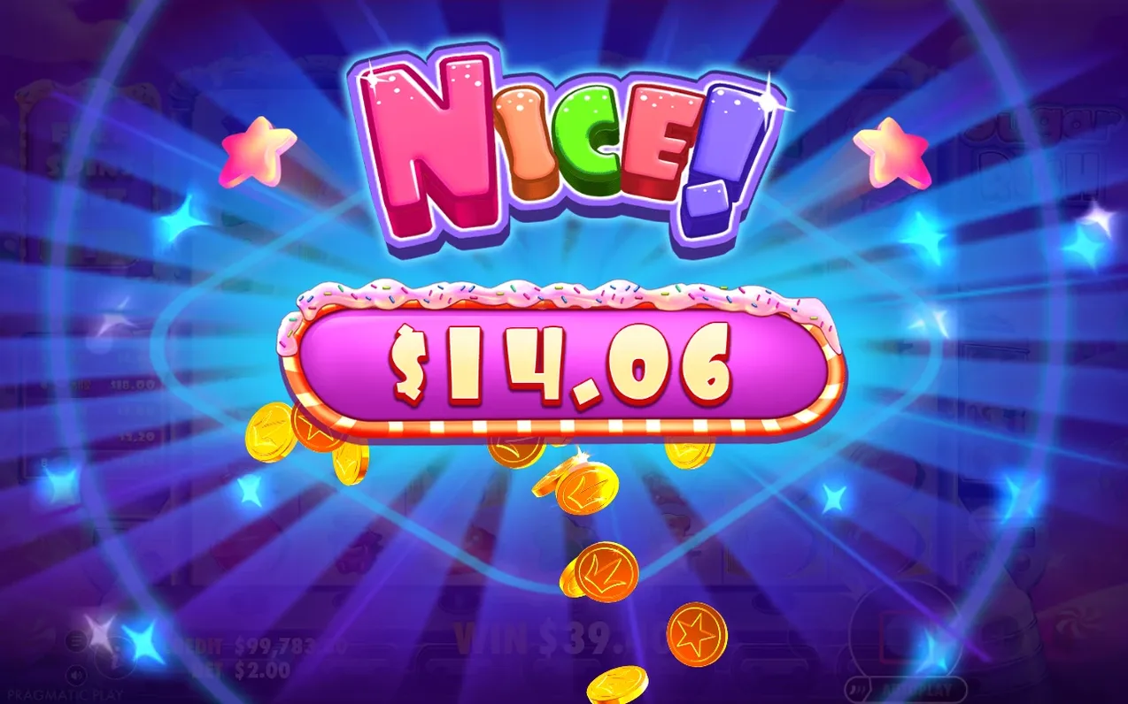 NICE!-overlay toont winst van $14.06, met vallende gouden munten op paarse lichtstralenachtergrond.