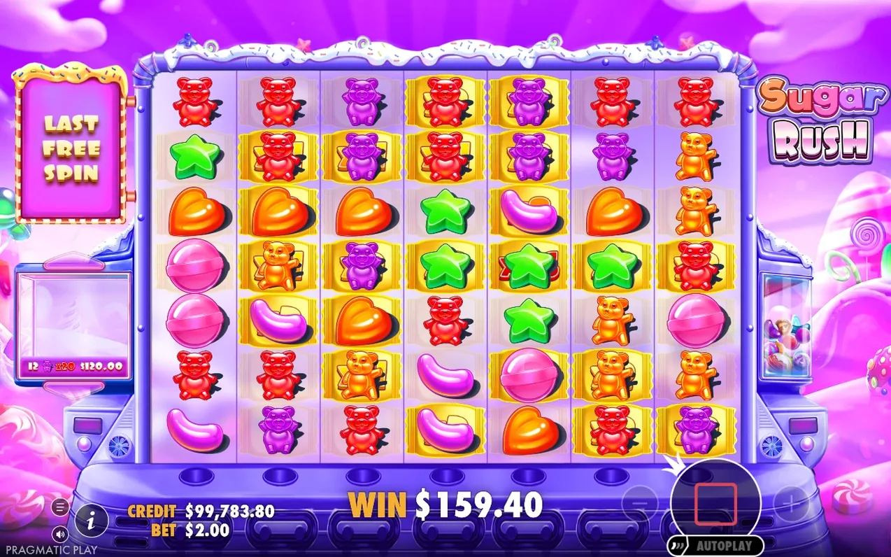 Laatste free spin toont 12 paarse beertjes met x20-multipliertags, resulterend in WIN $159.40.