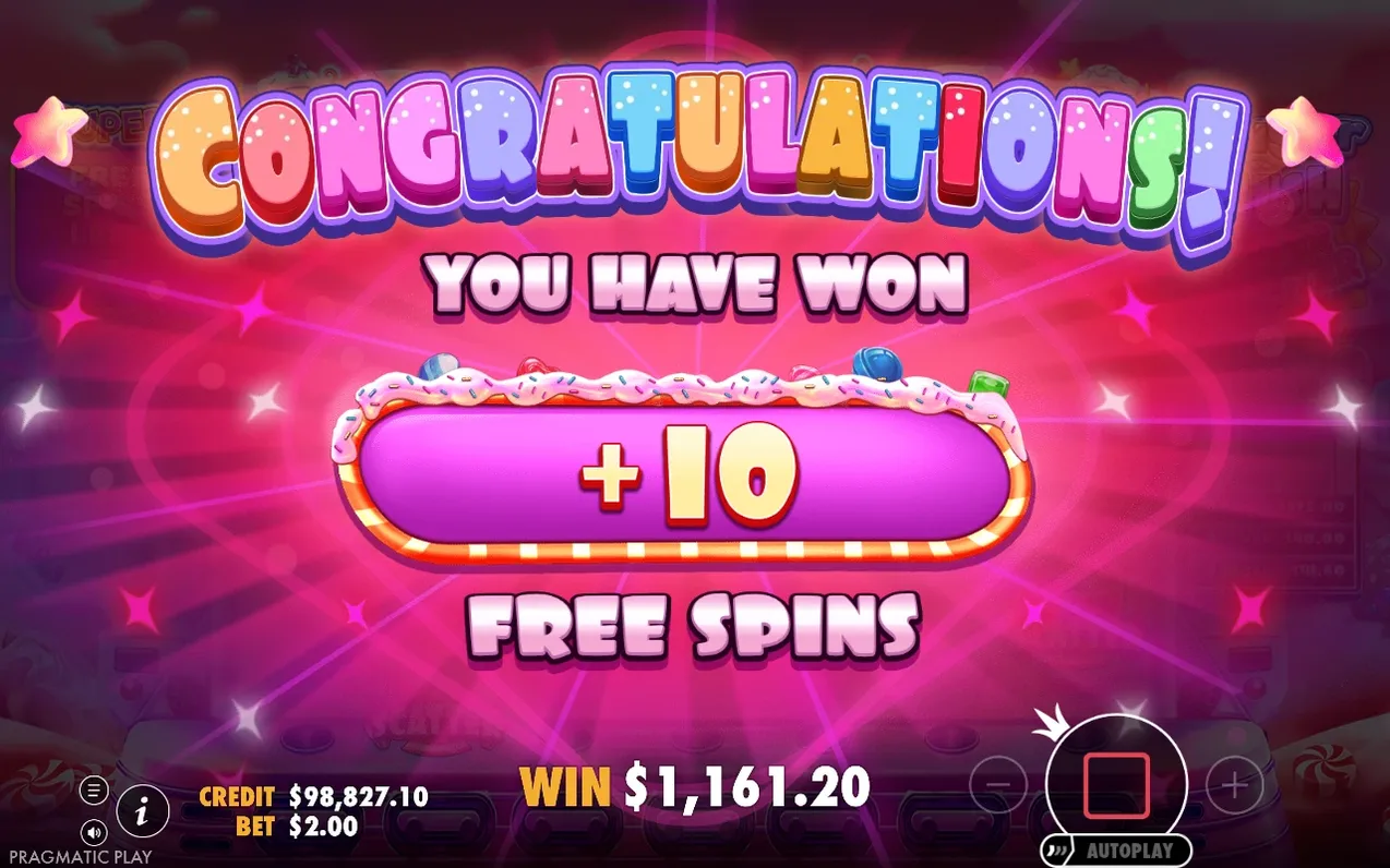 Congratulations-scherm toont +10 extra free spins, lopende winst $1.161,20