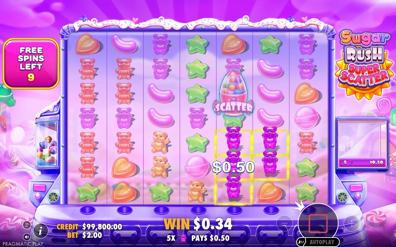 Free spins met paarse berencluster, winst $0,50, 5x pays $0,50, nog 9 spins over