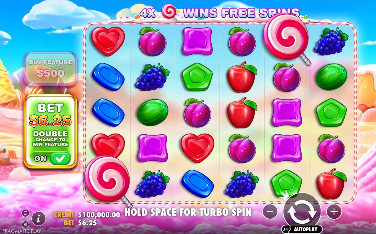 Basisspel toont 6x5 snoepraster, inzet $6,25 met Ante Bet aan, banner 4x lolly wint free spins.