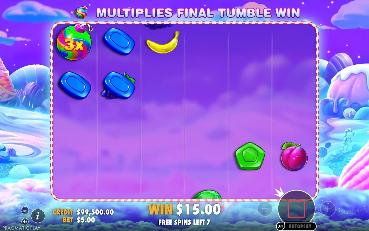 Free spins tonen een multiplier-bom met 3x op paars veld, win $15,00 en nog 7 spins over.