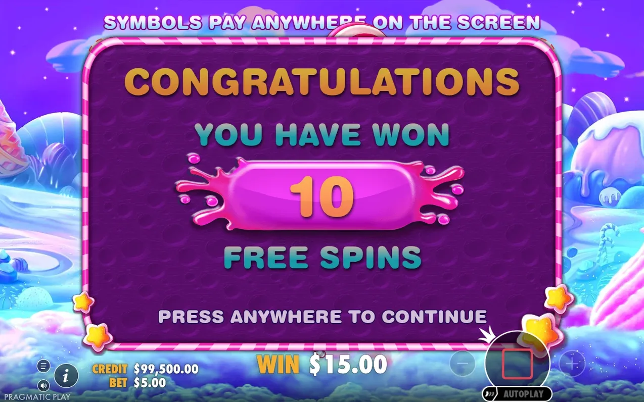 Paarse pop-up meldt 10 gewonnen free spins, tussenwin $15,00 bij inzet $5,00.